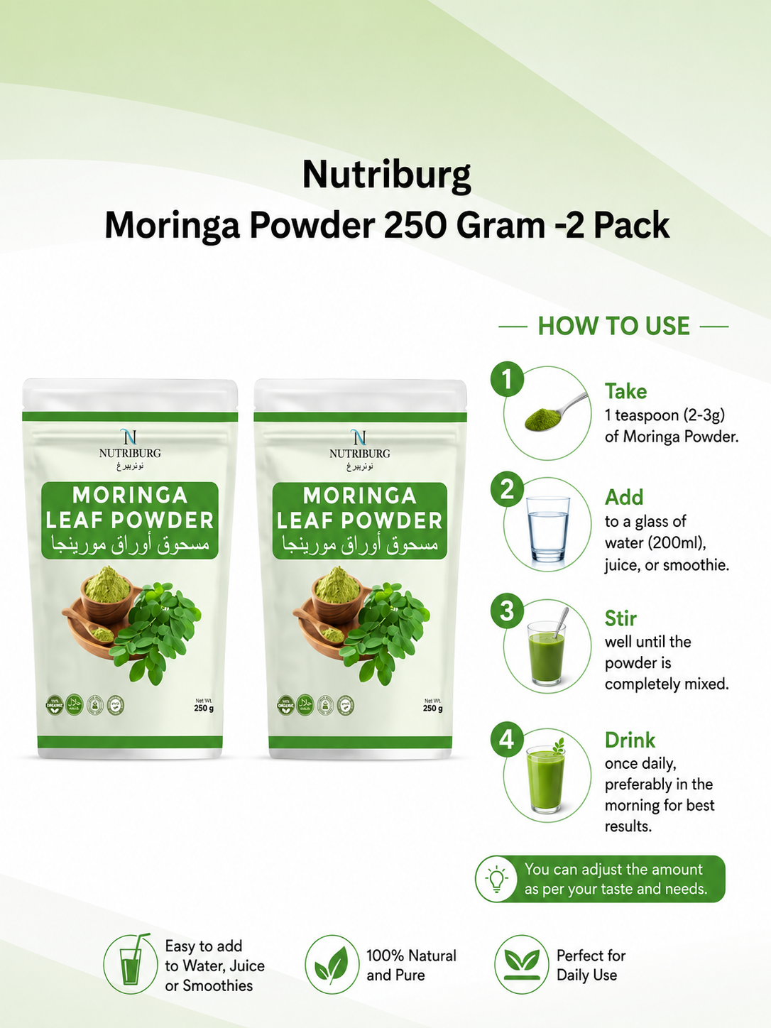 Nutriburg Premium Moringa Powder – 2*250g | 100% Pure Natural Moringa Leaf Superfood - Image 3